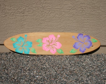 Hawaiian style surfboard wall art beach house decor - coastal hibiscus flower art