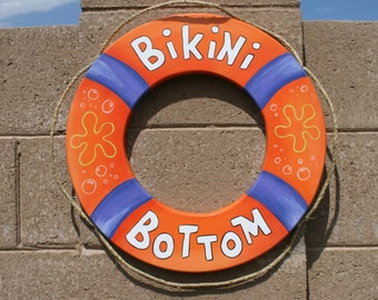 Wood Life Preserver, Bikini Bottom sign, Wood Sign, nautical decor, beach decor, pool sign, kid's room sign, outdoor art