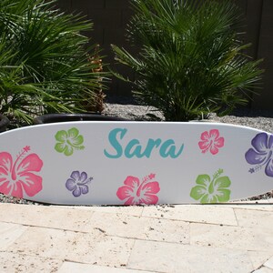 Surfboard wall art,  personalized, beach room surfboard decor, girls room, hibiscus flower art, surfboard for beach house