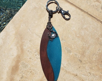 Resin and wood surfboard keychain with crab charm, backpack charm, purse charm