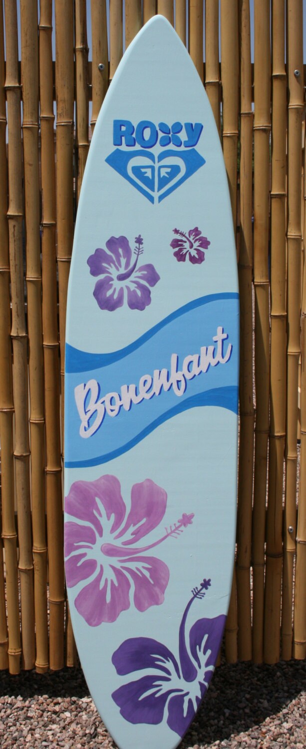 Personalized Surfboard Wall Art, Handpainted Hibiscus Flower Decor