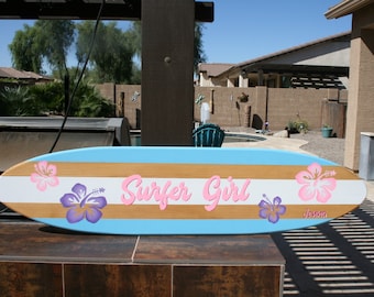 Surfboard wall art,  personalized, custom painted, beach room decor, surfer girl, surf decor, tropical, wood surfboard, surfboard sign