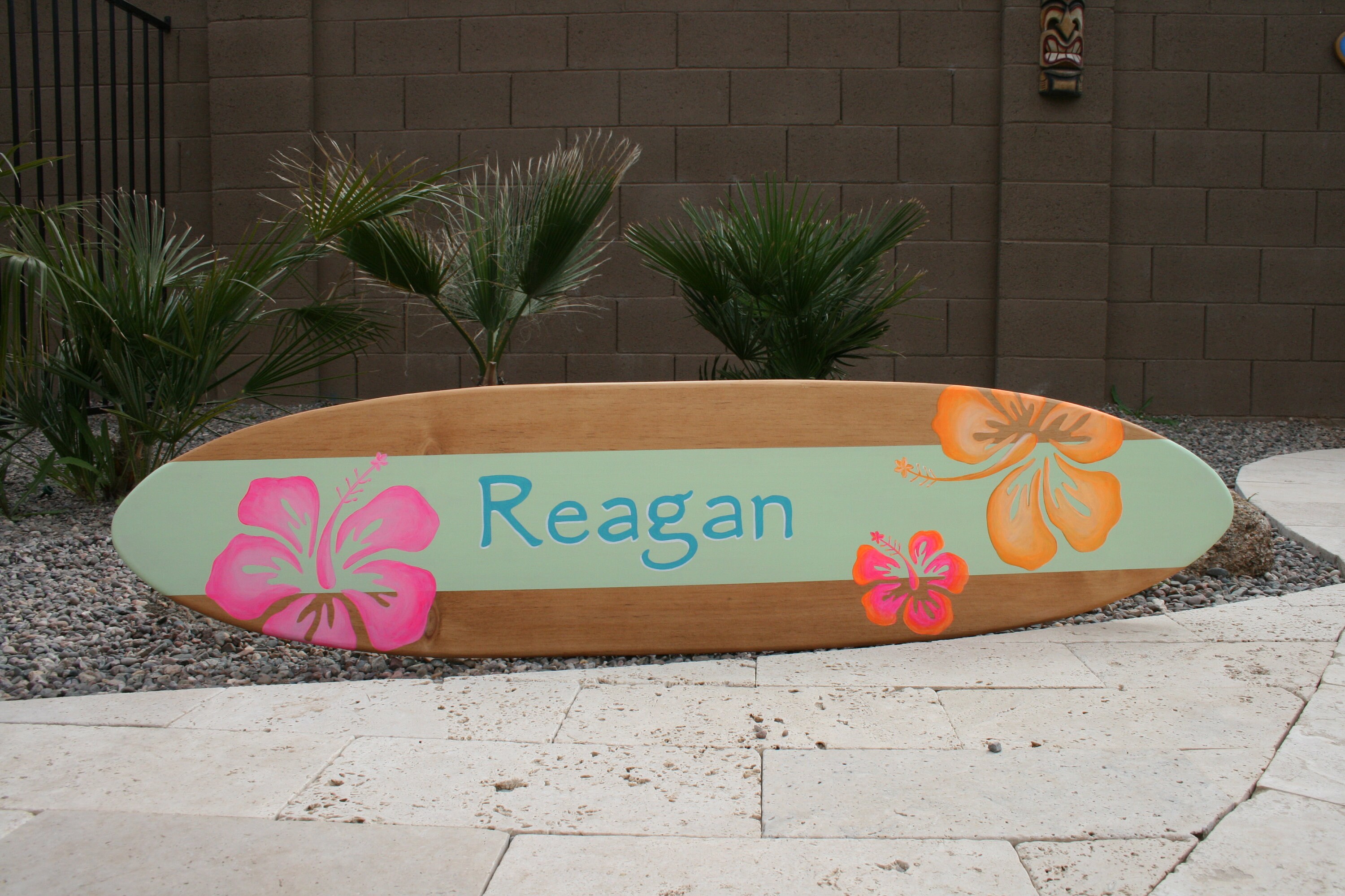 Surfboard wall art personalized beach room decor, 4 foot hibiscus wall decor, tropical hawaiian room decor