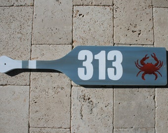 Oar address sign with crab - beach house number sign - nautical address plaque