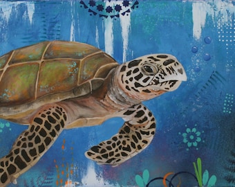 Sea turtle acrylic painting on canvas - original art for beach house