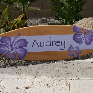 surfboard wall art, beach decor, personalized children&#39;s room art, kid&#39;s decor, hawaii themed decor, wood surfboard, hibiscus flower art