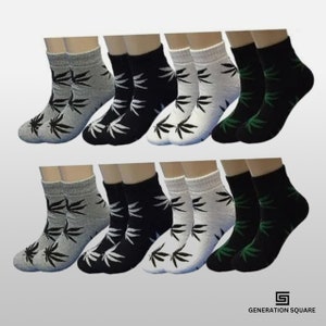 May include: Twelve pairs of ankle socks with a marijuana leaf pattern. The socks are in three color combinations: gray with black leaves, black with white leaves, and white with green leaves.