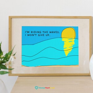 Póster infantil de afirmación sobre el océano: «Cabrío las olas, no me rendiré». Arte mural para dormitorio o sala de juegos. Cita de confianza.