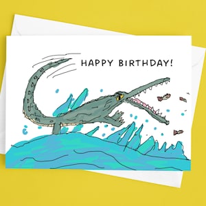 Playful Crocodile Birthday Card for Kids - Hope it&#39;s Snap-tastic - Fun Hand-drawn Greeting Card - Jumping Crocodile Snapping Fish Artwork