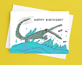 Playful Hand-Drawn Crocodile Birthday Card for Kids: 'Hope It's Snaptastic'