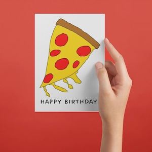 Cartão de aniversário de pizza para crianças – Fatia engraçada de calabresa – Cartão desenhado à mão com queijo – Espero que seja uma grande fatia de diversão – Fofo e único