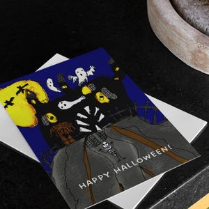 Spooky Haunted House Halloween Card for Kids - Hope It&#39;s Spooktacular - Fun Hand-Drawn Card - Haunted House with Bats, Ghosts, Skeletons