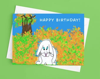 Hand-Drawn Bunny Birthday Card: Playful Animal Design