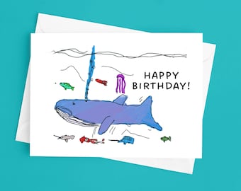 Whale Birthday Card for Kids: Hand-Drawn Ocean Animals