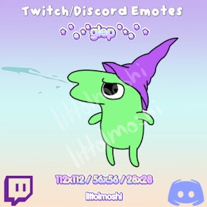 May include: Green cartoon character wearing a purple hat with a pointed tip. The character is blowing a stream of blue liquid from its mouth. The text "glep" is above the character. The text "112x112 / 56x56 / 28x28" is below the character. The text "littlemoshi" is below the numbers. The image is for Twitch and Discord emotes.