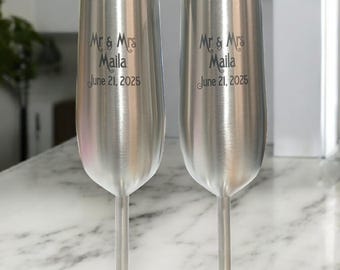 Personalized Wedding Champagne Flutes, Engraved Stainless Steel Toasting Glasses, Mr & Mrs Gift