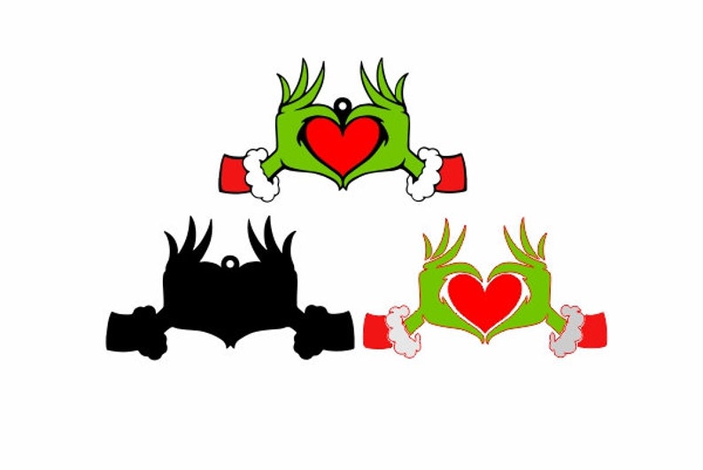 May include: Green hand silhouette making a heart shape with a red heart inside. The hands are wearing red and white trim. The image is a silhouette of the Grinch making a heart shape.
