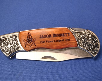 Personalized  Engraved  Rosewood Pocket Knife With Masonic Lodge Design FQ001-1-WGB