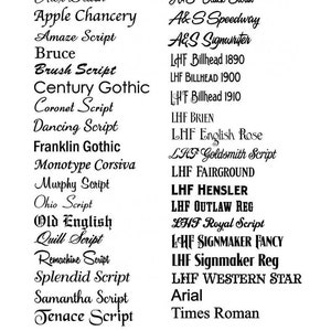 May include: A list of different font names, including Alex Brush, Apple Chancery, Amaze Script, Bruce, Brush Script, Century Gothic, Coronet Script, Dancing Script, Franklin Gothic, Monotype Corsiva, Murphy Script, Ohio Script, Old English, Quill Script, Remachine Script, Splendid Script, Samantha Script, and Tenace Script.