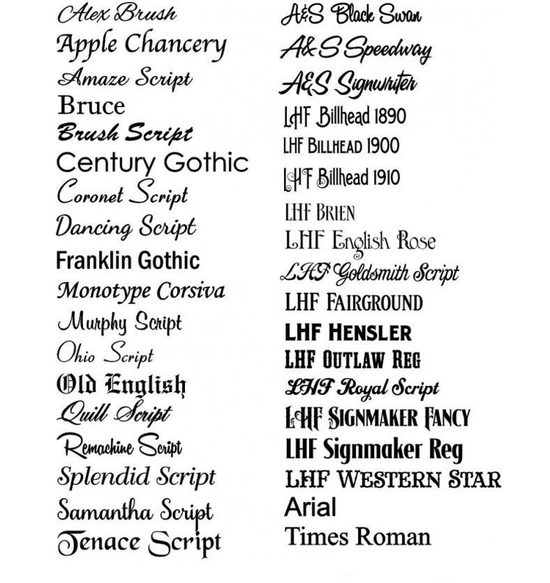 May include: A list of different font names, including Alex Brush, Apple Chancery, Amaze Script, Bruce, Brush Script, Century Gothic, Coronet Script, Dancing Script, Franklin Gothic, Monotype Corsiva, Murphy Script, Ohio Script, Old English, Quill Script, Remachine Script, Splendid Script, Samantha Script, and Tenace Script.
