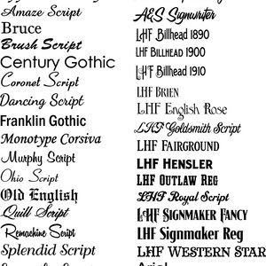 Op de afbeelding: Een lijst met verschillende lettertypen in zwarte tekst op een witte achtergrond. De lettertypen omvatten Alex Brush, Apple Chancery, Amaze Script, Bruce, Brush Script, Century Gothic, Coronet Script, Dancing Script, Franklin Gothic, Monotype Corsiva, Murphy Script, Ohio Script, Old English, Quill Script, Remachine Script, Splendid Script, Samantha Script, Jenace Script, A&S Black Swan, A&S Speedway, A&S Signwriter, LHF Billhead 1890, LHF BILLHEAD 1900, LHF Billhead 1910, LHF BRIEN, LHF English Rose, LHF Goldsmith Script, LHF FAIRGROUND, LHF HENSLER, LHF OUTLAW REG, LHF Royal Script, LCHF SIGNMAKER FANCY, LHF Signmaker Reg, LHF WESTERN STAR, Arial en Times Roman.