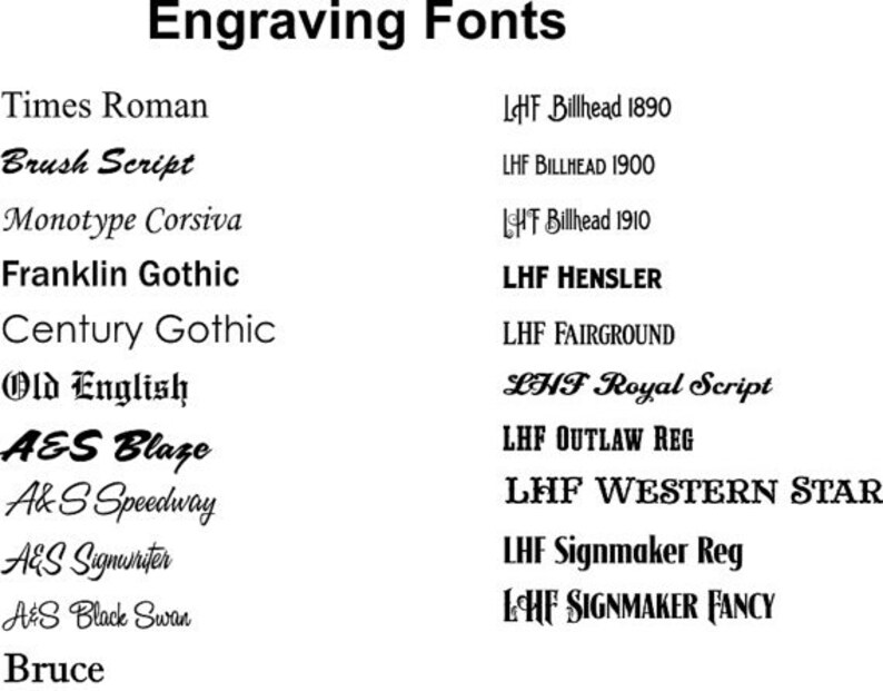 Puede incluir: Una lista de diferentes estilos de fuente para grabado, incluyendo Times Roman, Brush Script, Monotype Corsiva, Franklin Gothic, Century Gothic, Old English, A&S Blaze, Ak S Speedway, AES Signwriter, A&S Black Swan, Bruce, LHF Billhead 1890, LHF BILLHEAD 1900, HF Billhead 1910, LHF HENSLER, LHF FAIRGROUND, LHF Royal Script, LHF OUTLAW REG, LHF WESTERN STAR, LHF Signmaker Reg, LOHE SIGNMAKER FANCY.