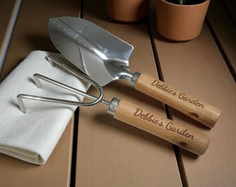 Personalized Garden Tools, Stainless Steel Trowel + Rake, Solid Wood Handle, Housewarming, Mothers Day,  Gift for Her