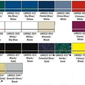 May include: A color chart with 24 paint samples, each labeled with a color name and a code. The colors include shades of blue, green, red, yellow, black, white, and gold.