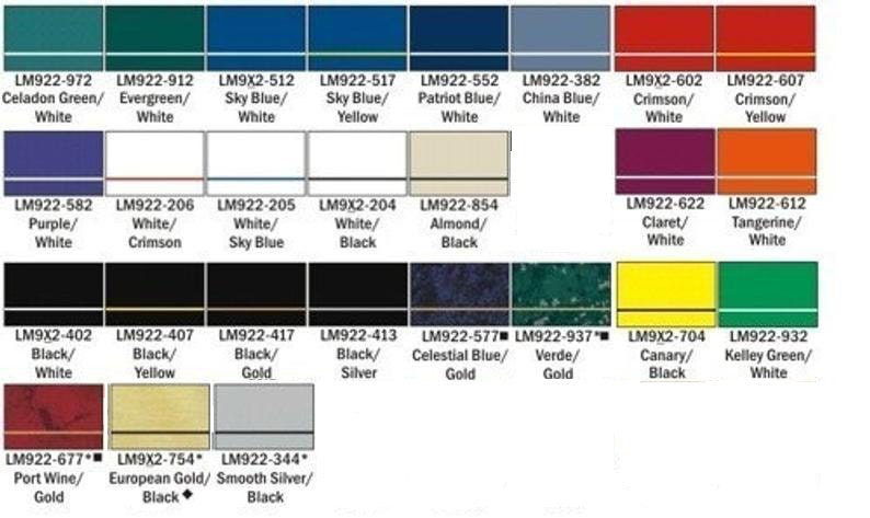 May include: A color chart with 24 paint samples, each labeled with a color name and a code. The colors include shades of blue, green, red, yellow, black, white, and gold.