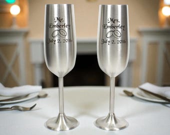 Personalized Wedding Champagne Flutes, Engraved Stainless Steel Toasting Glasses, Mr & Mrs Gift