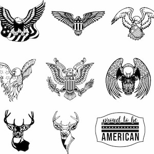 May include: Black and white illustrations of American patriotic symbols, including bald eagles, a deer, and the words "proud to be AMERICAN".