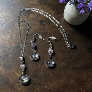 Lueur de Lavande | Ensemble Abalone et Fluorite | Collier et Boucles d'Oreilles Acier Inoxydable | Fait Main Québec