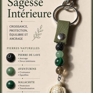 Può includere: Un portachiavi con un cinturino in pelle verde, una chiusura e un anello in metallo argentato. Sotto il cinturino ci sono quattro perline: una pietra lavica nera, un'avventurina verde chiaro, una malachite verde e un quarzo fumé, con una tartaruga.