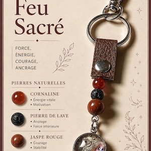 Peut inclure: Un porte-clé composé d'une lanière en cuir brun texturé avec un bouton-pression argenté, une perle de cornaline rouge lisse, une perle de pierre de lave noire poreuse, une perle de jaspe rouge et un pendentif argenté rond en nacre d'ormeau.