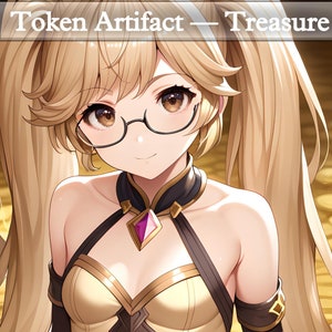 May include: A young woman with long blonde hair in pigtails wears glasses and a gold and black outfit with a purple gem. She is smiling and looking at the viewer. The background is a pile of gold coins.