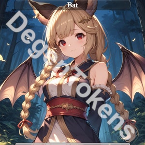 Zestaw 3 żetonów Anime Bat - niestandardowy MTG dwustronny 1/1 czarny nietoperz z latającymi żetonami Waifu - EDH Proxy