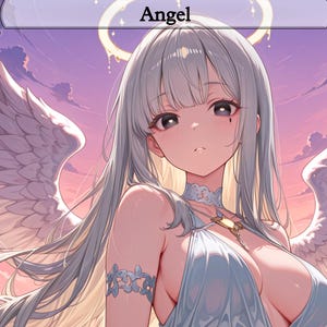 May include: Digital illustration of an angel with long silver hair and large white wings. The angel wears a light blue dress and has a decorative blue arm band. The word "Angel" is written at the top of the image.