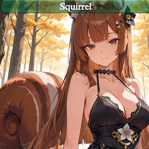 May include: Anime-style illustration of a woman with long brown hair and squirrel ears and tail. She wears a black dress with a floral accent. The background features a forest with autumn-colored trees. The word "Squirrel" is at the top.
