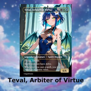 Teval, l'arbitre de la vertu Carte d'anime MTG proxy Waifu | Carte MTG Premium personnalisée EDH Commander, avec ou sans aluminium