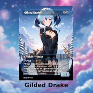 Carte d'anime Dorée Drake MTG proxy Waifu | Carte MTG Premium personnalisée EDH Commander, avec ou sans aluminium