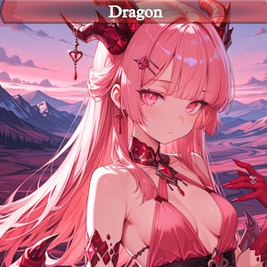 Puede incluir: Ilustración de estilo anime de una chica dragón de pelo rosa con ojos y cuernos rojos. Lleva un vestido y joyas rosas. El fondo presenta un paisaje montañoso bajo un cielo rosa. La palabra "Dragon" se muestra en la parte superior.
