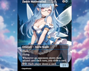 Può includere: Una carta da gioco fantasy con una fata dai capelli blu con occhiali e ali. La carta è intitolata "Faerie Mastermind" e contiene il testo "Creature - Faerie Rogue" e "Flash, Volante". La carta ha una potenza di 2 e una resistenza di 1.