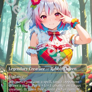 May include: A fantasy trading card featuring a colorful illustration of a young woman with bunny ears, wearing a white dress with a red bow. The card is titled "Ms. Bumbleflower" and has the text "Legendary Creature - Rabbit Citizen" and "Vigilance". The card has a power and toughness of 1/5.