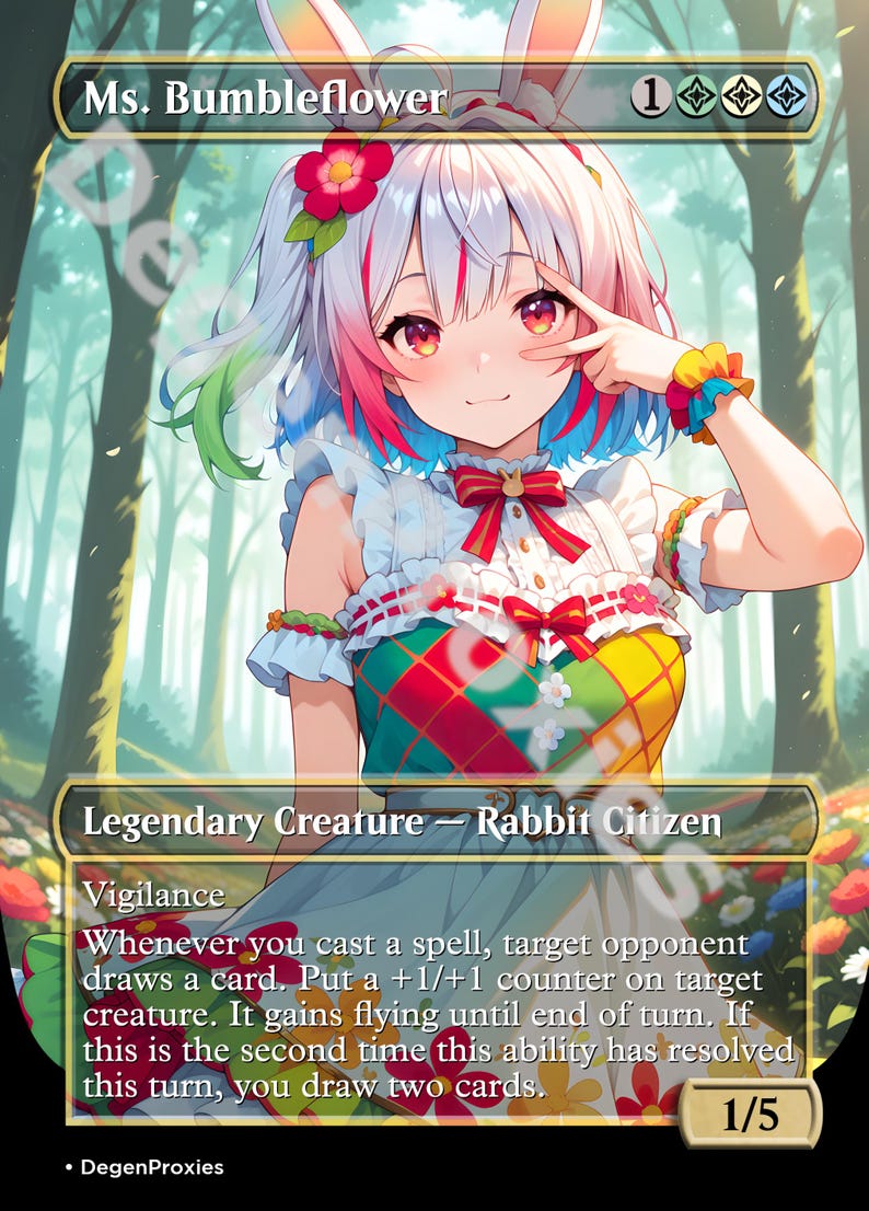 May include: A fantasy trading card featuring a colorful illustration of a young woman with bunny ears, wearing a white dress with a red bow. The card is titled "Ms. Bumbleflower" and has the text "Legendary Creature - Rabbit Citizen" and "Vigilance". The card has a power and toughness of 1/5.
