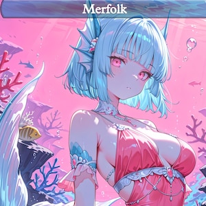 Könnte beinhalten: Illustration einer Meerjungfrau mit hellblauen Haaren und rosa Augen, die ein rotes Kleid trägt. Der Hintergrund ist eine rosa Unterwasserszene mit Korallen und Fischen. Das Wort "Merfolk" steht oben.