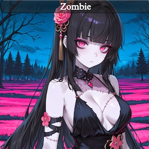 May include: An illustration of a female zombie with long black hair, red eyes, and pale skin. She wears a black dress with floral accents and a choker. The word "Zombie" is at the top of the image. The background features a pink and blue landscape with trees.
