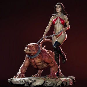 May include: A red and black figure of a woman in a revealing outfit, holding a chain leash attached to a red, muscular, dog-like creature. The woman is wearing a red and black bikini top and a red skirt. The creature has a large head with sharp teeth and a muscular body. The figure is set on a rocky base.
