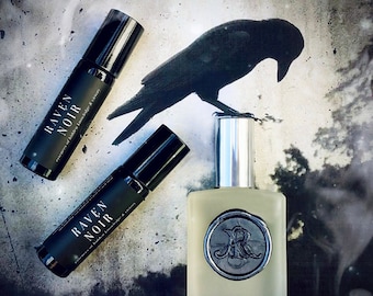 Raven Noir Alchemy Ritual Perfume with Essences of Hidden Knowledge, Black Amber, Jasmine, Champa Accords + Shiny Things