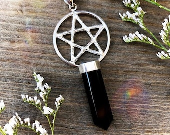 Pentacle with Onyx Point Pendant Necklace in 925 Sterling Silver