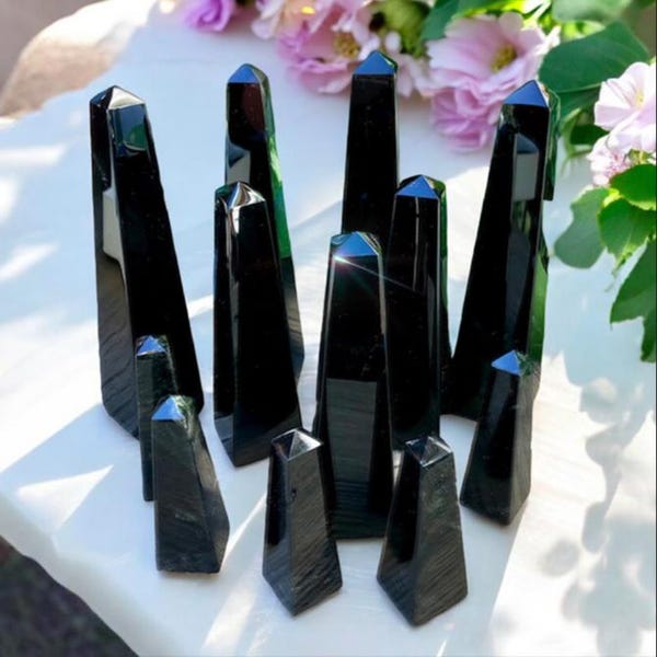 Black Obsidian Obelisks in Silver Sheen Gold Sheen